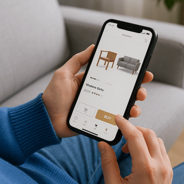 Benutzer mit einem Handy in entspannter Wohnzimmer Umgebung. Sucht in einem Shop, der mit WooCommerce oder Shopify entwickelt wurde nach Produkten
