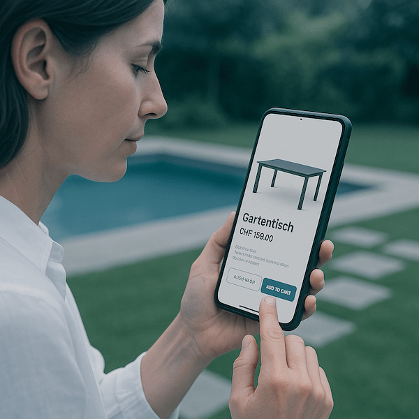 Frau im Garten mit einem Handy, schaut in einem Shop, der mit WooCommerce oder Shopify entwickelt wurde nach Gartenmöbel