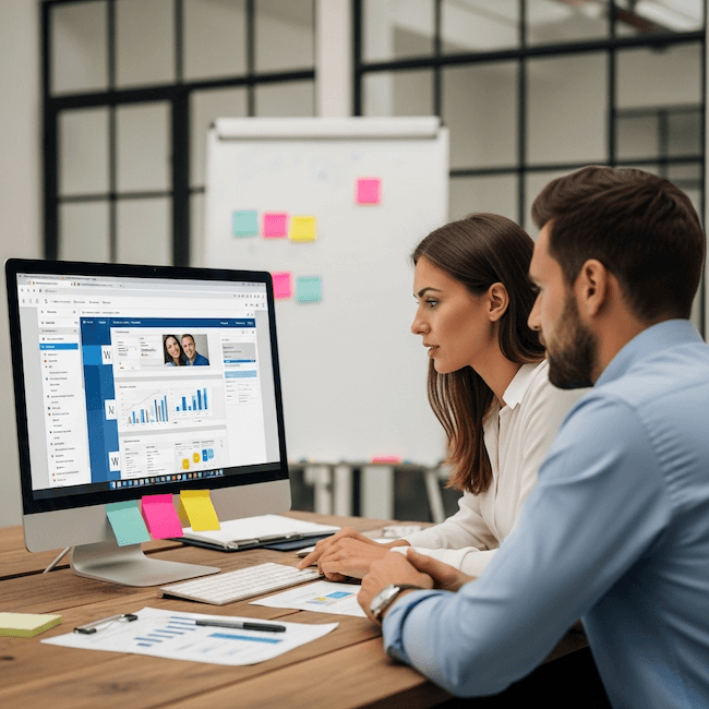 Mitarbeiterin und Mitarbeiter vor dem PC Mitarbeiter und Mitarbeiterin arbeiten mit Business Software vor dem PC