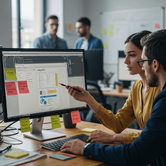 people-discussing-about-erp-project Eine Frau und Mann besprechen die Implementierung eines ERP Systems