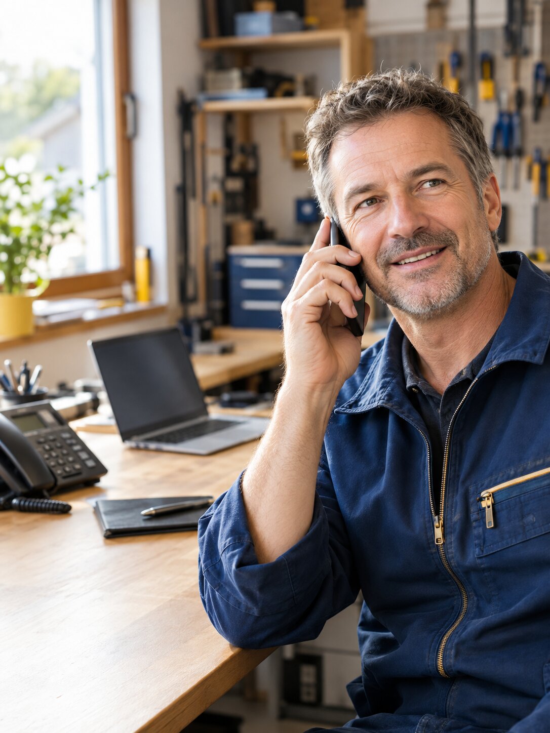 Mitarbeiter telefoniert mit Headset am Notebook